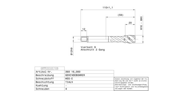 Taps M16 / 6HX / DIN 376 / HSS-E / TiAlN